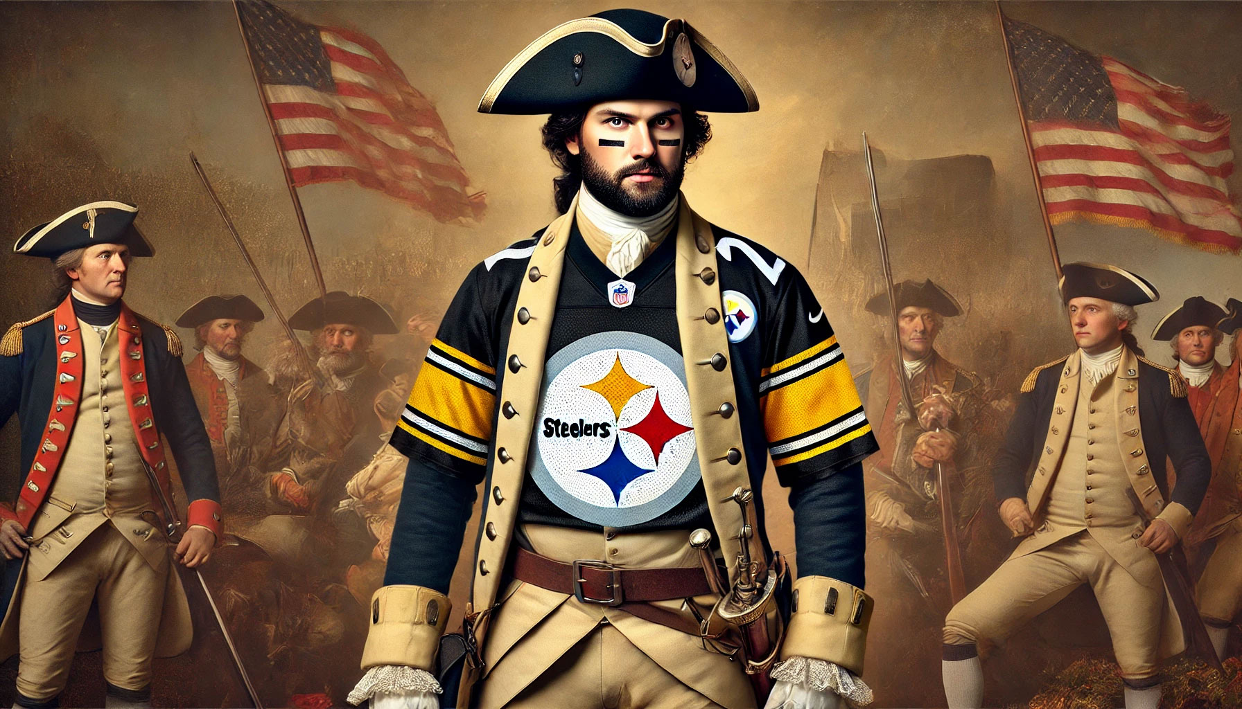 AI created image of Revolutionary War solder in Steelers Jersey. 