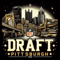 2026 NFL Draft Pittsburgh themed background with iconic bridges, black and gold color tones, focus on the words NFL Draft 2026, no white spaces, vector art style