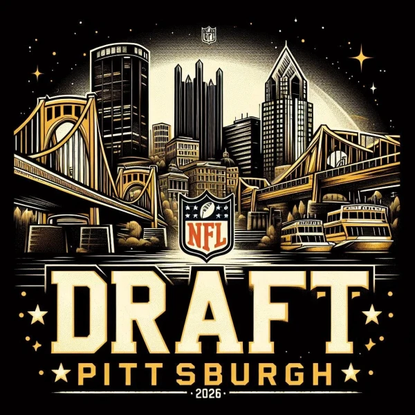 2026 NFL Draft Pittsburgh themed background with iconic bridges, black and gold color tones, focus on the words NFL Draft 2026, no white spaces, vector art style